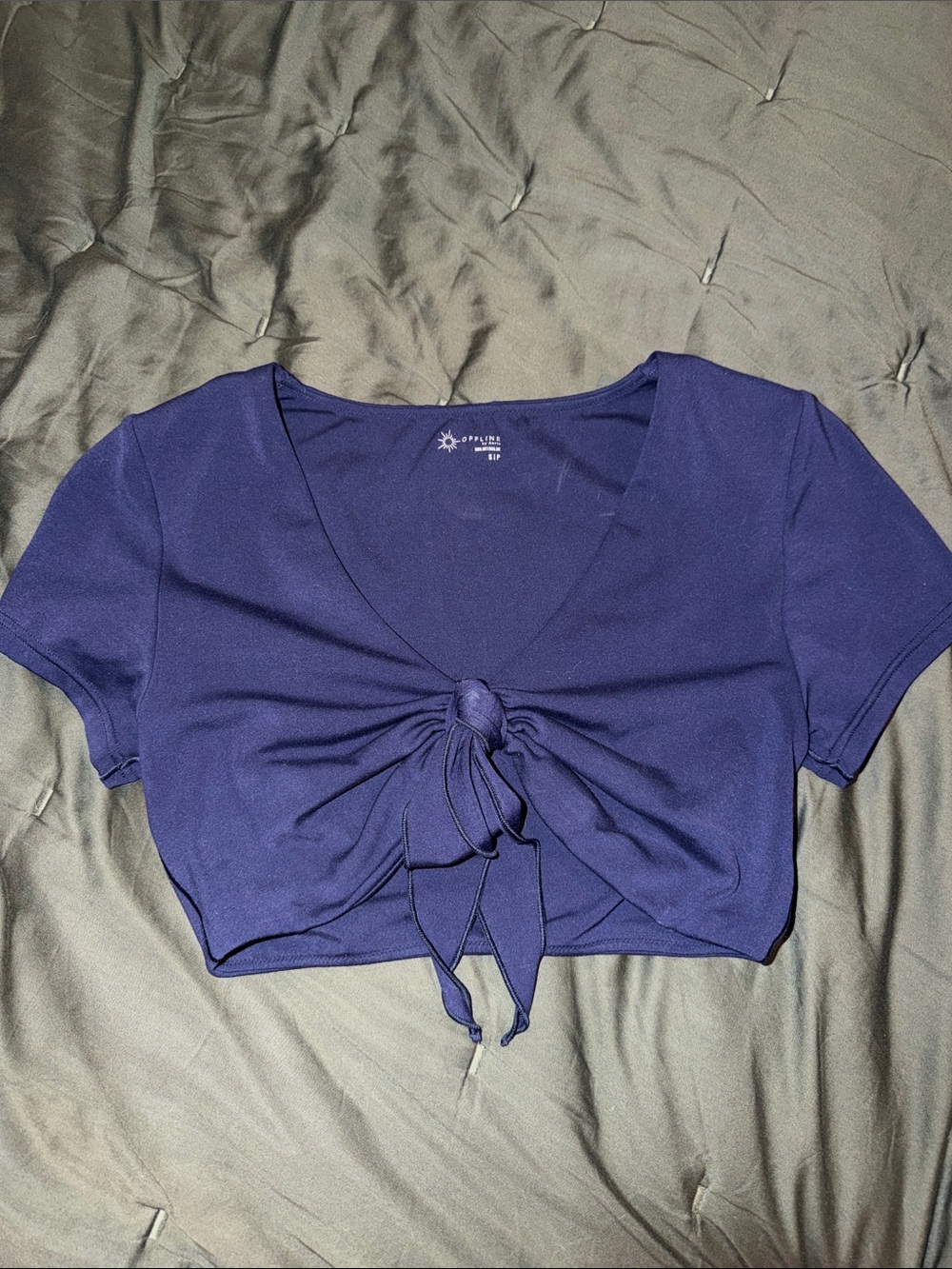 aerie Navy Tie-Front Short Sleeve Crop Top